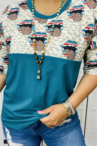 FW9819 Teal mouth&leopard multi color printed short sleeves women tops (DS10)