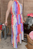 GJQ13495 Multi color striped printed sleeveless maxi dress w/side pockets&waist straps