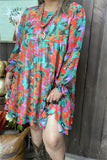 XCH15484 Multi color floral printed long sleeve w/elastic cuff loose women dress