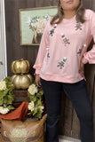 XCH15220 Santa Claus sequin patch in the baby pink bottom side split long sleeve women blouse