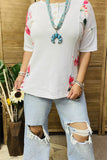 GJQ14220 Side floral multi printed with button short sleeves white women tops (DS1)