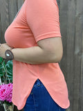 GJQ10981 Solid coral color printed side split short sleeves women tops