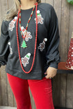 XCH15219 Santa Claus sequin patch in the black solid color long sleeve raglan design women blouse