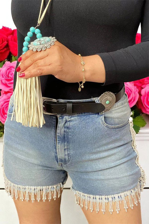 Shop Washed blue denim women shorts w/rhinestone fringe DLH13759