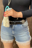 DLH13759 Washed blue denim women shorts w/rhinestone fringe