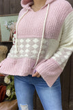 MY15306 Pink block rust red printed  knitted fabric women sweater loose long sleeve w/long string hoodie