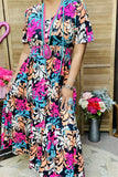 BQ15999 Multi color paisley printed short sleeve women dress w/waist elastic band