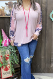 GJQ15675  Long sleeve w/chiffon fabric&blue/pink multi color printed women pink blouse