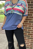 GJQ9673-3 Bull/Aztec& Blue block solid color printed short sleeve women top