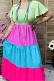 BQ14640-1 Green/pink/blue/fuchsia women long dress w/elastic upper short sleeve/ruffle w/side pockets