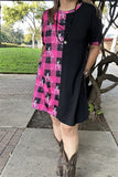 XCH14543 Half pink plaid & Cowboy horse rider black short sleeve women dress IS10