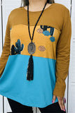 GJQ13400 Turquoise & brown color block cactus printed long sleeve women top (DS4)