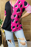 XCH14276 Half black&fuchsia/ pink leopard printed short sleeve drop shoulder women tops (ES1)