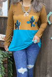 GJQ13400 Blue/ginger block color w/cactus printed long sleeve women top (DS4)