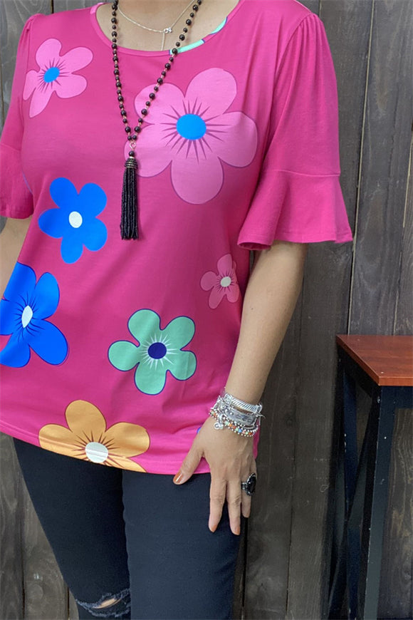 BQ15603 Sunflower multi color printed short sleeve women fuchsia tops