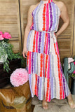 GJQ13495 Multi color striped printed sleeveless maxi dress w/side pockets&waist straps