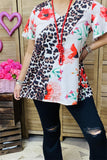 XCH12317 Floral & leopard multi color printed short sleeve women top