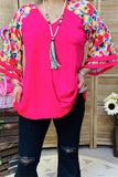 GJQ15231 Multi color floral printed 3/4 sleeve w/fringe trim women fuchsia tops