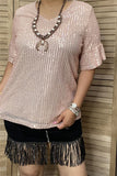 XCH15277-1 Baby pink sequin w/ruffle short sleeve for women top(ES10)