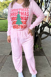 DLH15631 "CHRISTMAS"red words&tree printed long sleeve tops&pant women pink pajamas sets