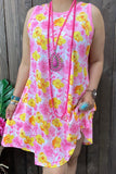 YMY13142 Yellow&pink floral printed sleeveless women dresses w/pocket