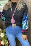 BQ15437 Colorful changeable sequin on the long sleeve black women blouse w/tighten cuff