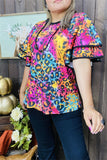 XCH15659 Colorful leopard printed double ruffle short sleeve women tops