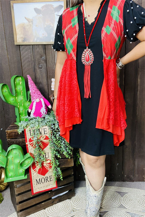 XCH15320 Red/green printed w/red lace irregular bottom with red lining women vest/cardigan