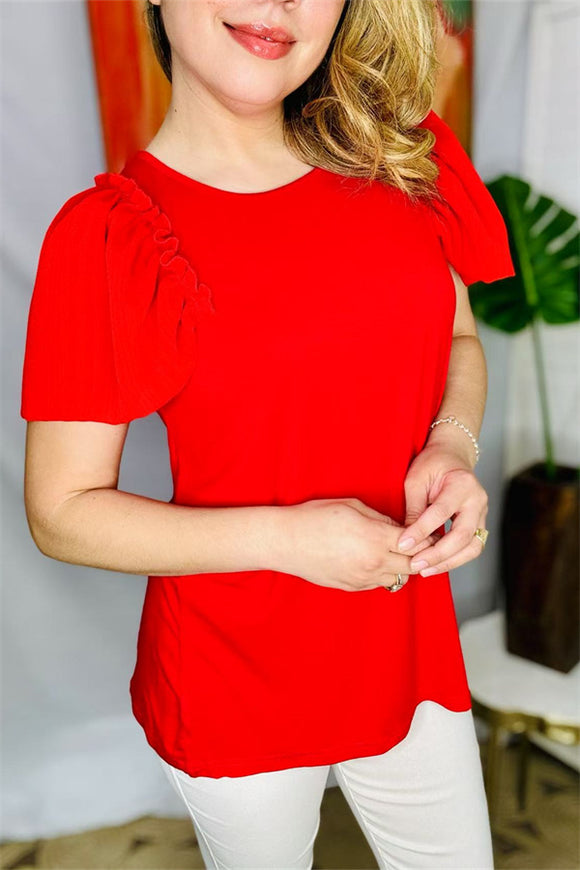 BQ16051 Ruffle/bell gathering short sleeve women red tops