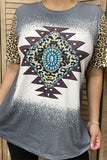 XCH14062 Aztec rhinestone graphic leopard printed short sleeve women tops