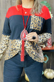 XCH15319 Leopard sequin red/black block solid color w/front pocket long sleeve women tops