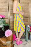 BQ10655 Yellow/pink Aztec multi color printed sleeveless dress w/pockets