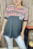 YMY12060 Block black w/feather & leopard front pocket printed short sleeve women top (ES7)