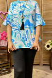 BQ15867 Wave graphic teal&turquoise short sleeve w/ruffle women tops