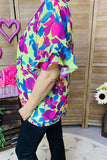 BQ15859 Teal&Turquoise multi color floral printed short sleeve w/double ruffle women mints tops
