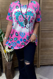 XCH12893  "BYE"heart&Jewel turquoise/pink multi color printed short sleeve women top for valentine holiday