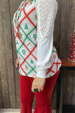 XCH15325 Green/red Christmas elements graphic printed long sleeve w/white lace&tighten cuff women tops