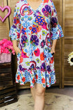 GJQ15875 Paisley&floral multi color printed 3/4 sleeve w/ruffle women dress w/side pockets