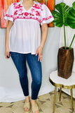 XCH15919 Fuchsia floral multi color embroidery short sleeve V-neckline women white blouse