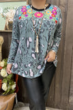 XCH14775 Camo/Leopard printed multi color embroidery black neckline long sleeve women tops