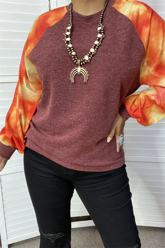 SP7924 W/orange tie dye printed bubble long sleeves w/tighten cuff burgundy women top w/raglan design(FS12)