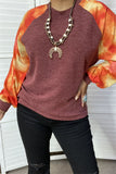 SP7924 W/orange tie dye printed bubble long sleeves w/tighten cuff burgundy women top w/raglan design(FS12)