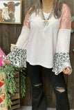 BQ13928 Leopard/ Coral sequin bell raglan long sleeve women light pink blouse  (DS2)