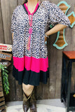 GJQ15746 Leopard printed fuchsia/black solid color short sleeve women dress w/side pockets