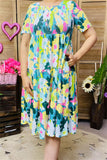 GJQ15229 Turquoise/D.green multi color printed short sleeve women dress w/elastic breast &side pockets