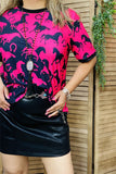 XCH14361 Half fuchsia&black horse short sleeve w/black trim women tops(CS5)