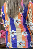 BQ15682 Navy/pink/orange stripe&sunflower multi color printed 3/4 sleeve women top w/V-neckline