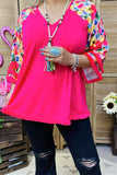 GJQ15231 Multi color floral printed 3/4 sleeve w/fringe trim women fuchsia tops