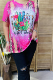 XCH12443 "DESERT VIBES" cactus multi color printed short sleeve pink women top