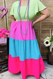 BQ14640-1 Green/pink/blue/fuchsia women long dress w/elastic upper short sleeve/ruffle w/side pockets